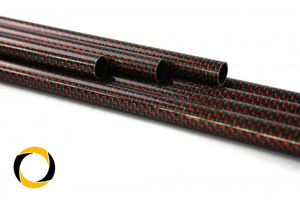 Carbon Designrohr Eco Rot 27x0,7x1000mm mit eloxierten Zierfäden glänzend